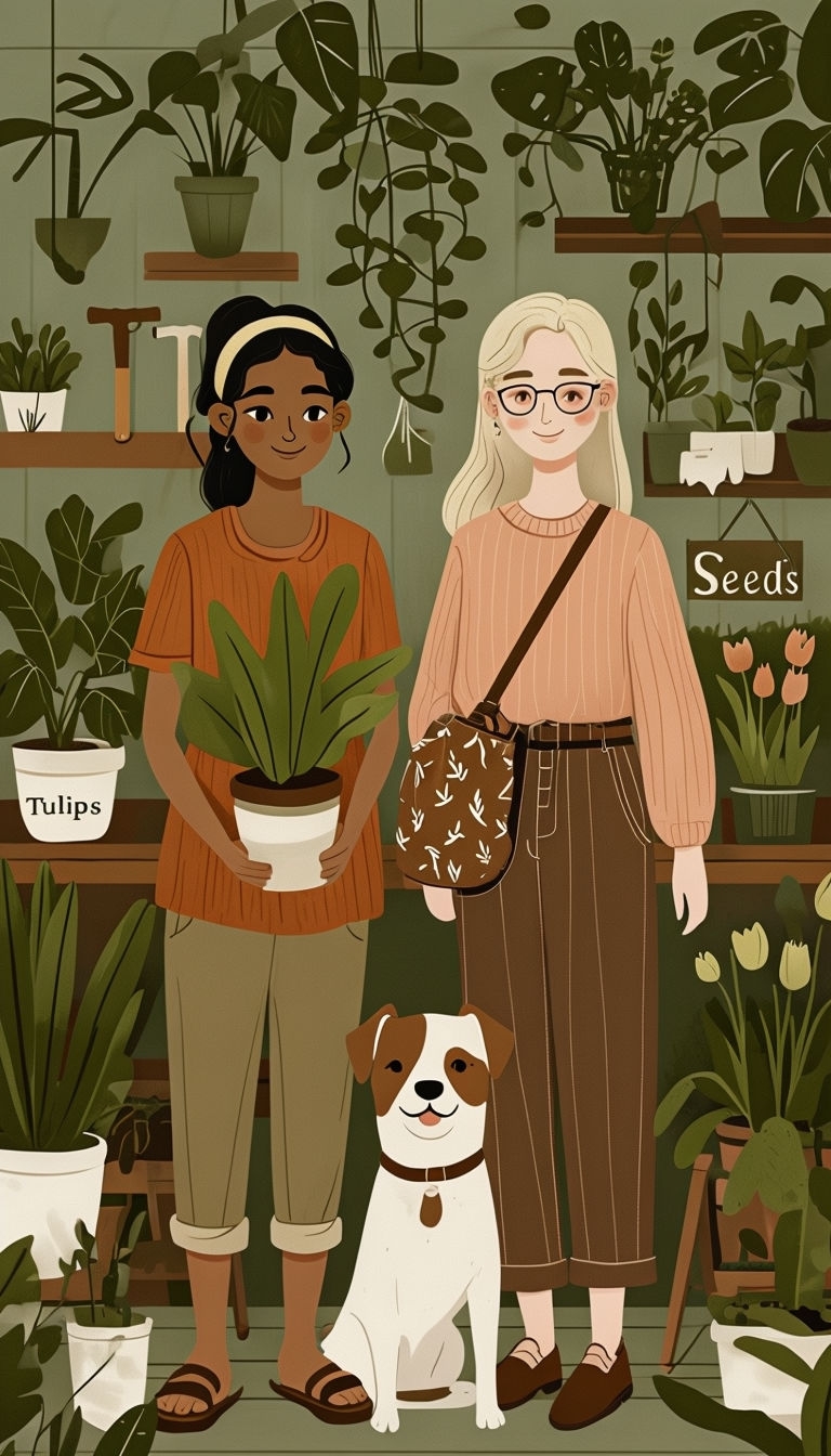 Cozy Plant Shop Scene with Smiling Women and Dog Art