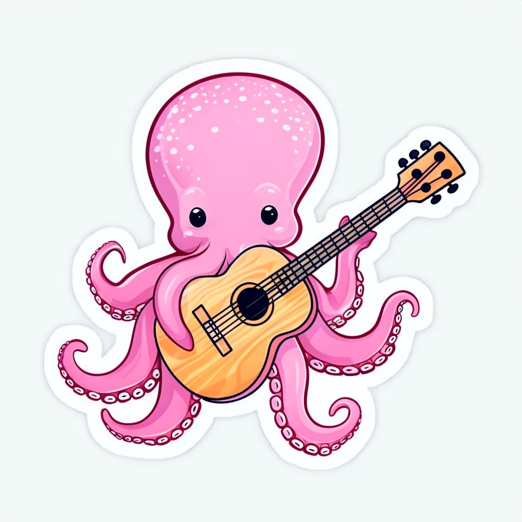 Playful Pink Octopus Playing Guitar Cute Sticker