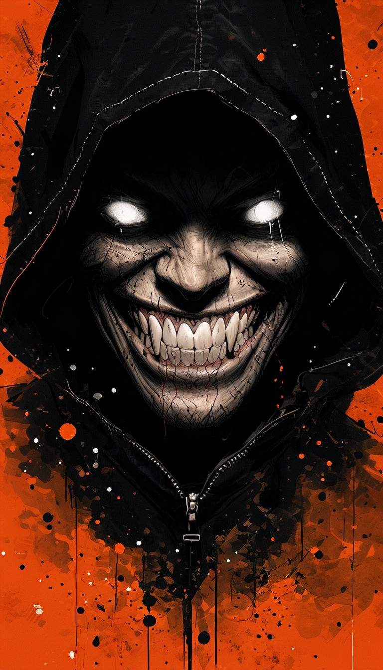 Menacing Hooded Figure with Glowing Eyes and Sharp Teeth Art