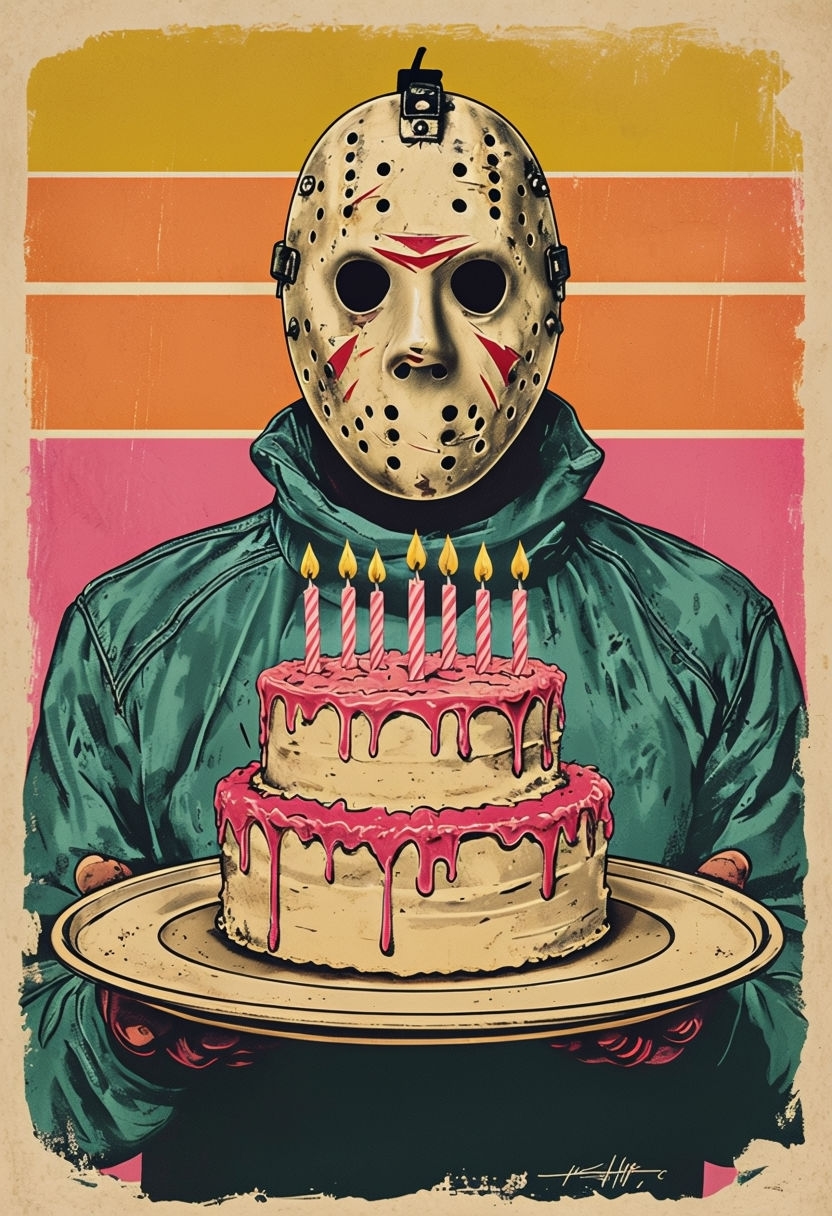 Darkly Humorous Vintage Hockey Mask Cake Illustration Poster