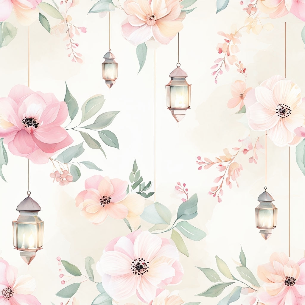 Pastel Floral and Lanterns Seamless Pattern Design