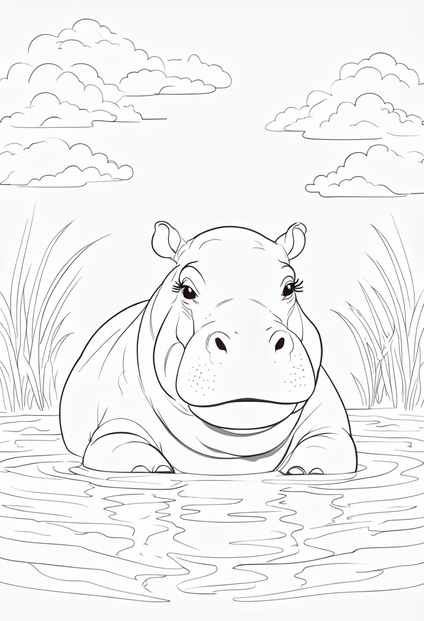 Adorable Baby Hippopotamus in Water for Coloring Book Pages