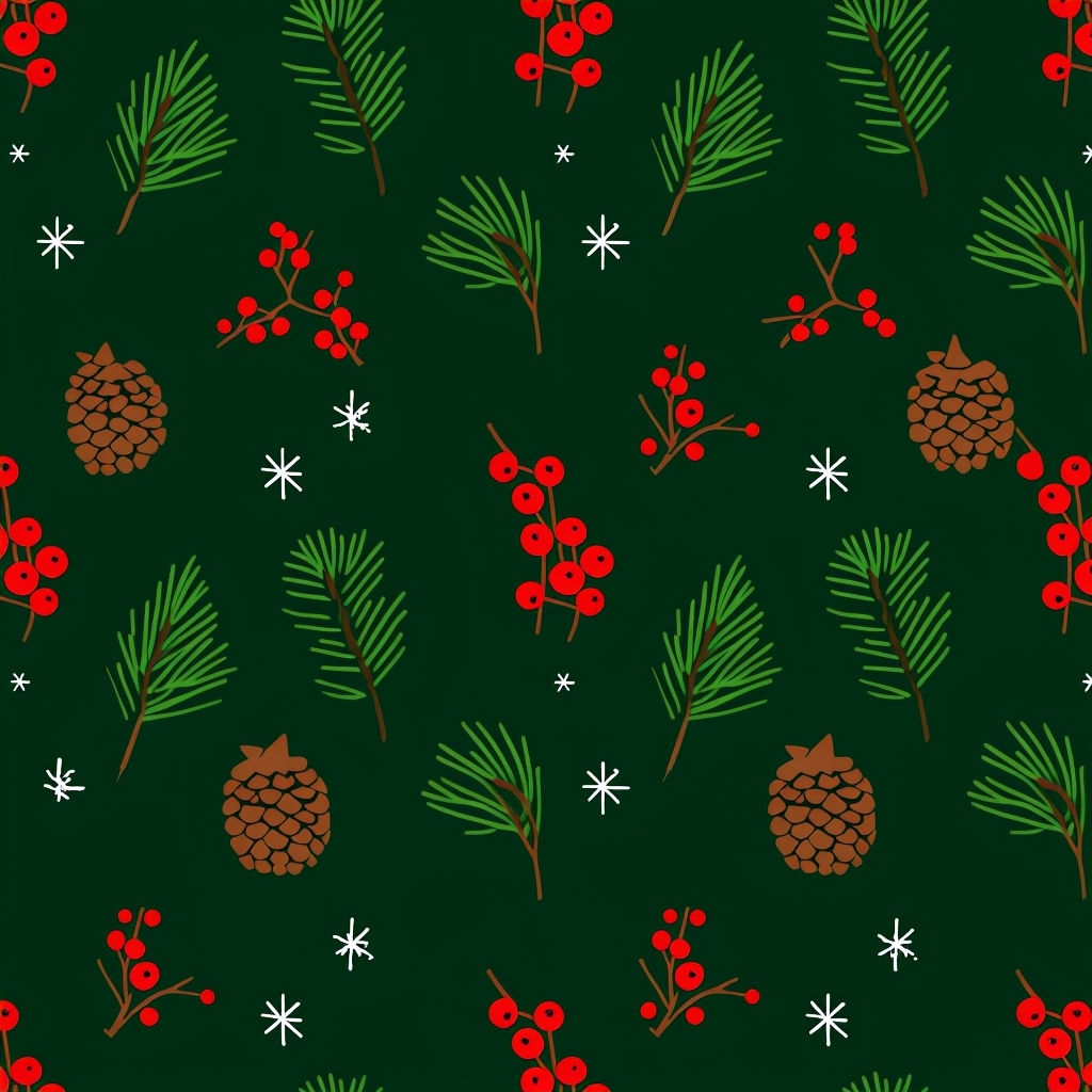 Festive Winter Elements Seamless Pattern on Forest Green Background