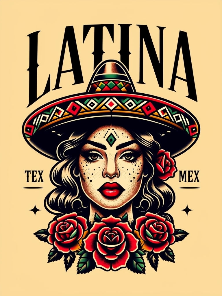 Vibrant Latina Tattoo Art with Sombrero and Roses T-Shirt