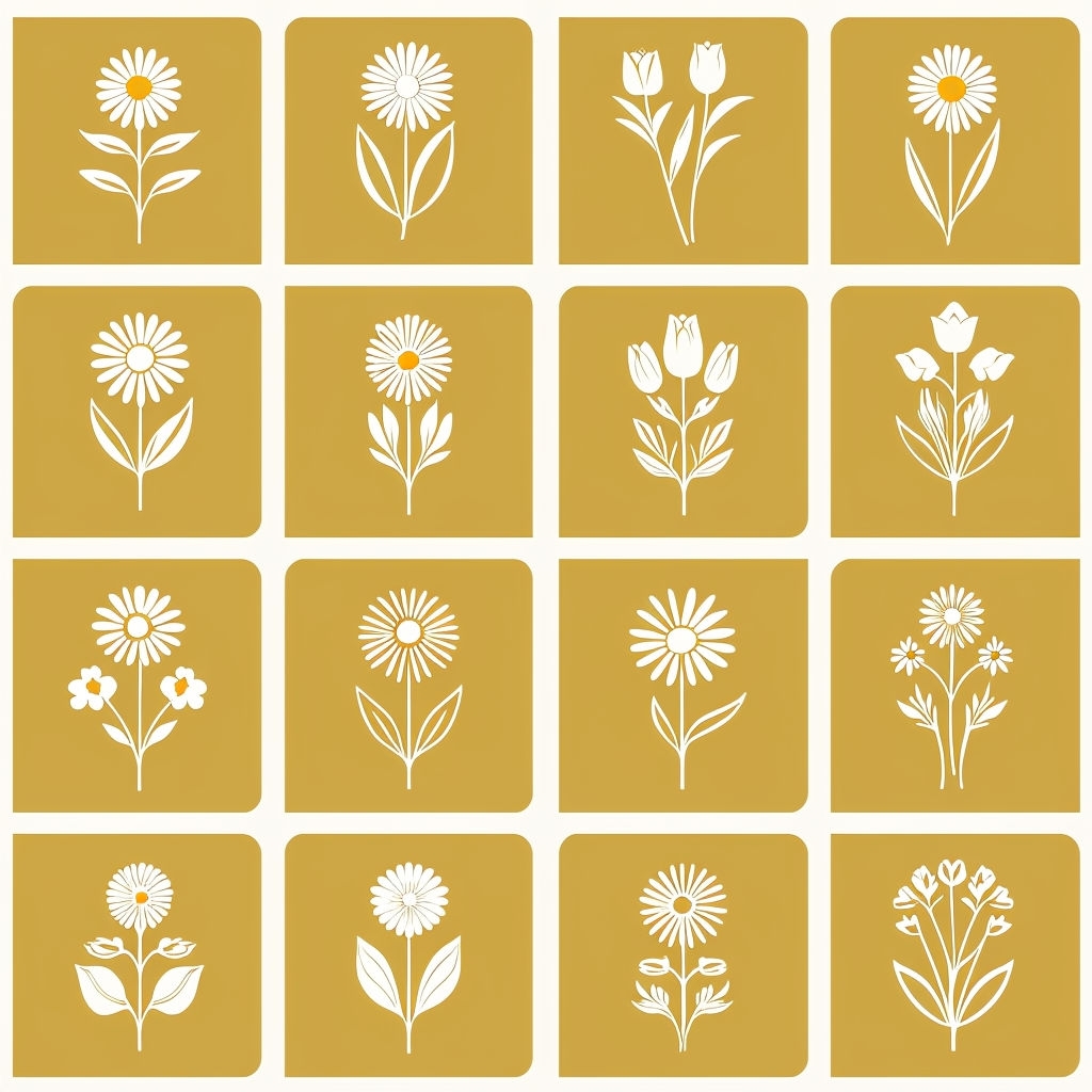 Stylized Floral Designs in Yellow Rectangular Panels Pattern Seamless Patterns