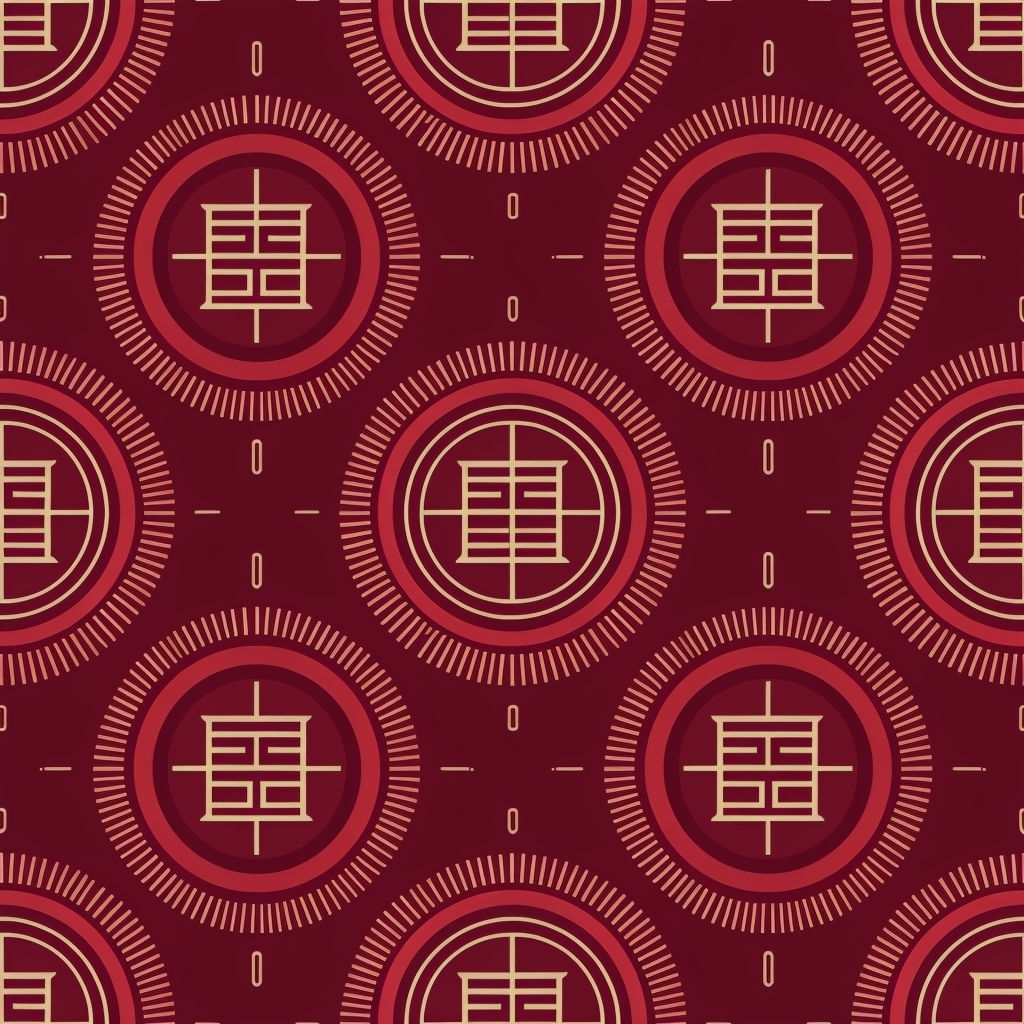 Traditional Chinese Motifs Seamless Pattern on Deep Maroon Background