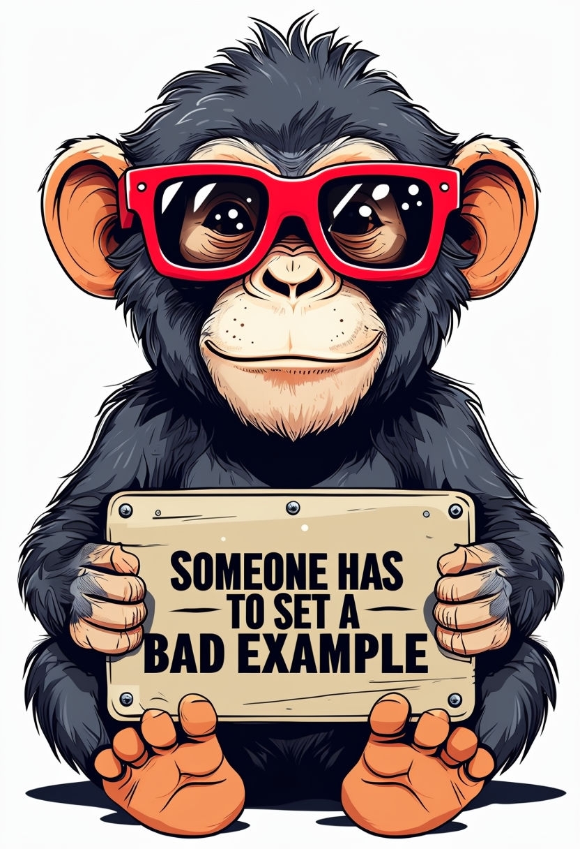 Playful Chimpanzee with Sunglasses and Humorous Sign Art