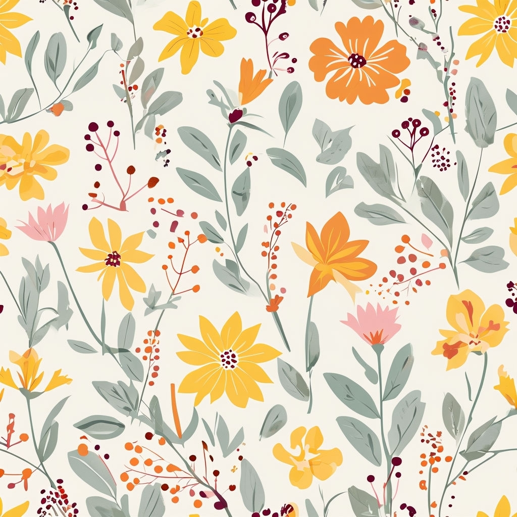 Stylized Floral Seamless Pattern in Vibrant Yellow, Orange, and Pink Tones Seamless Pattern