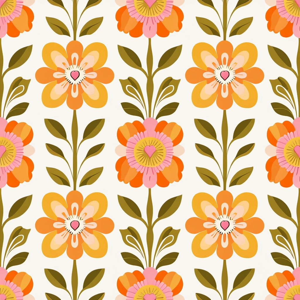 Vintage Floral Seamless Pattern with Warm Colors and Hearts Design