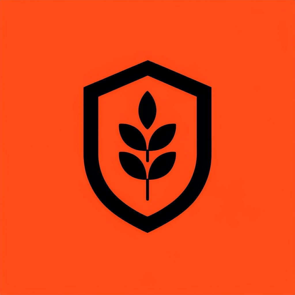 Minimalist Black Shield Logo with Leaf Motif on Orange Background Logo