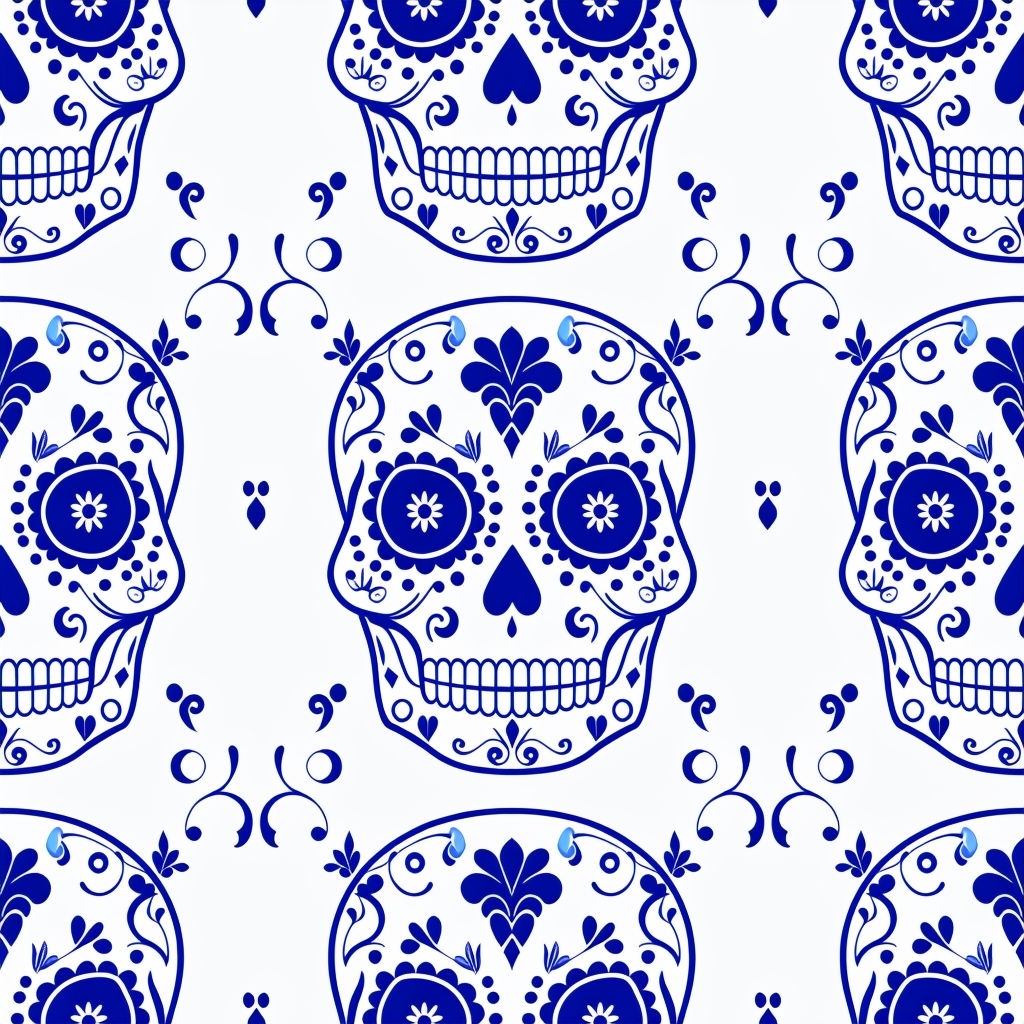 Intricate Navy Blue Sugar Skull Pattern for Día de Muertos Seamless Pattern