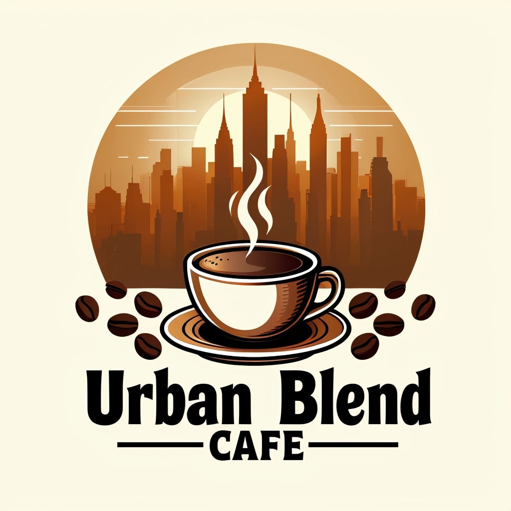 Modern Urban Blend Cafe Logo with Coffee Cup and Skyline