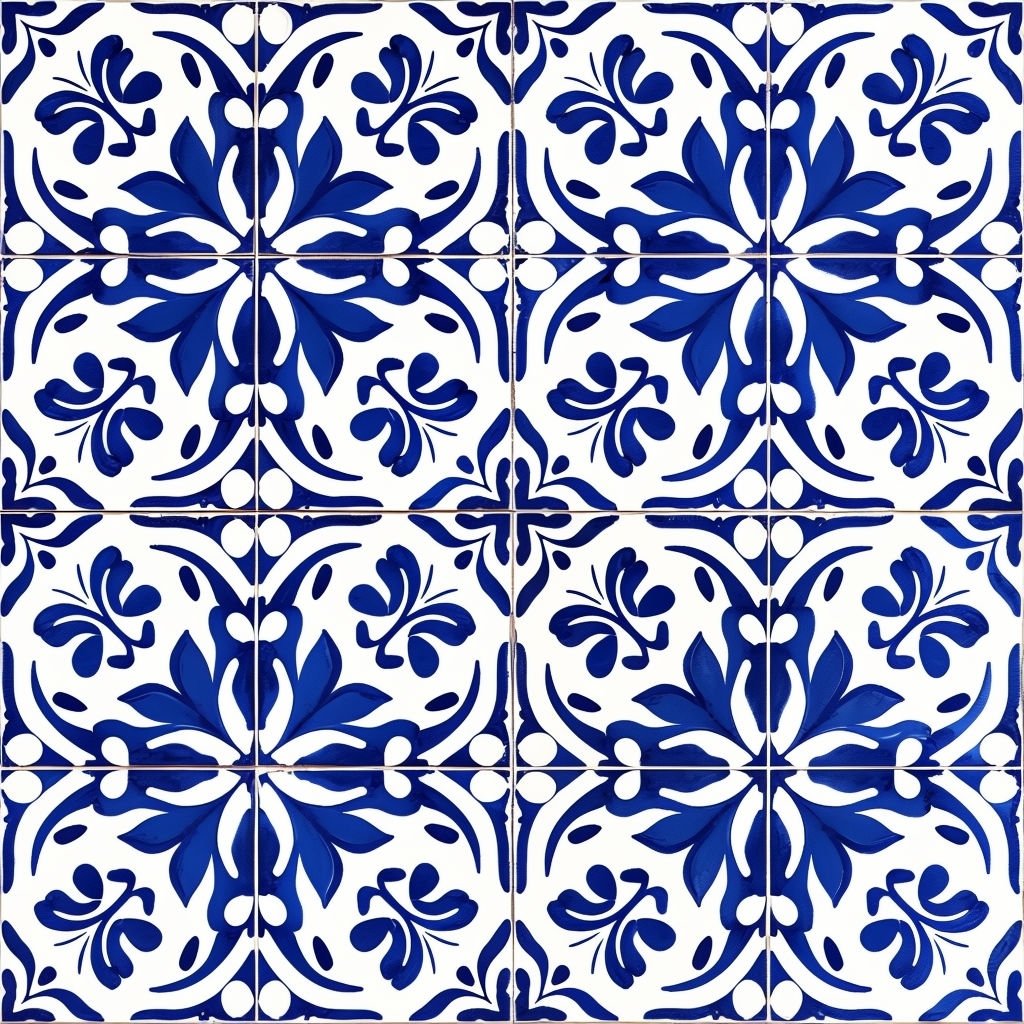 Blue Flower Motif Symmetrical Tile Pattern Design Seamless Pattern