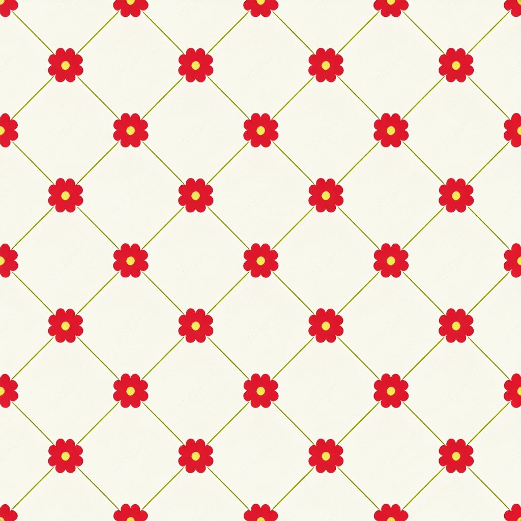 Cheerful Red Flower and Lime Green Diamond Pattern Seamless Pattern