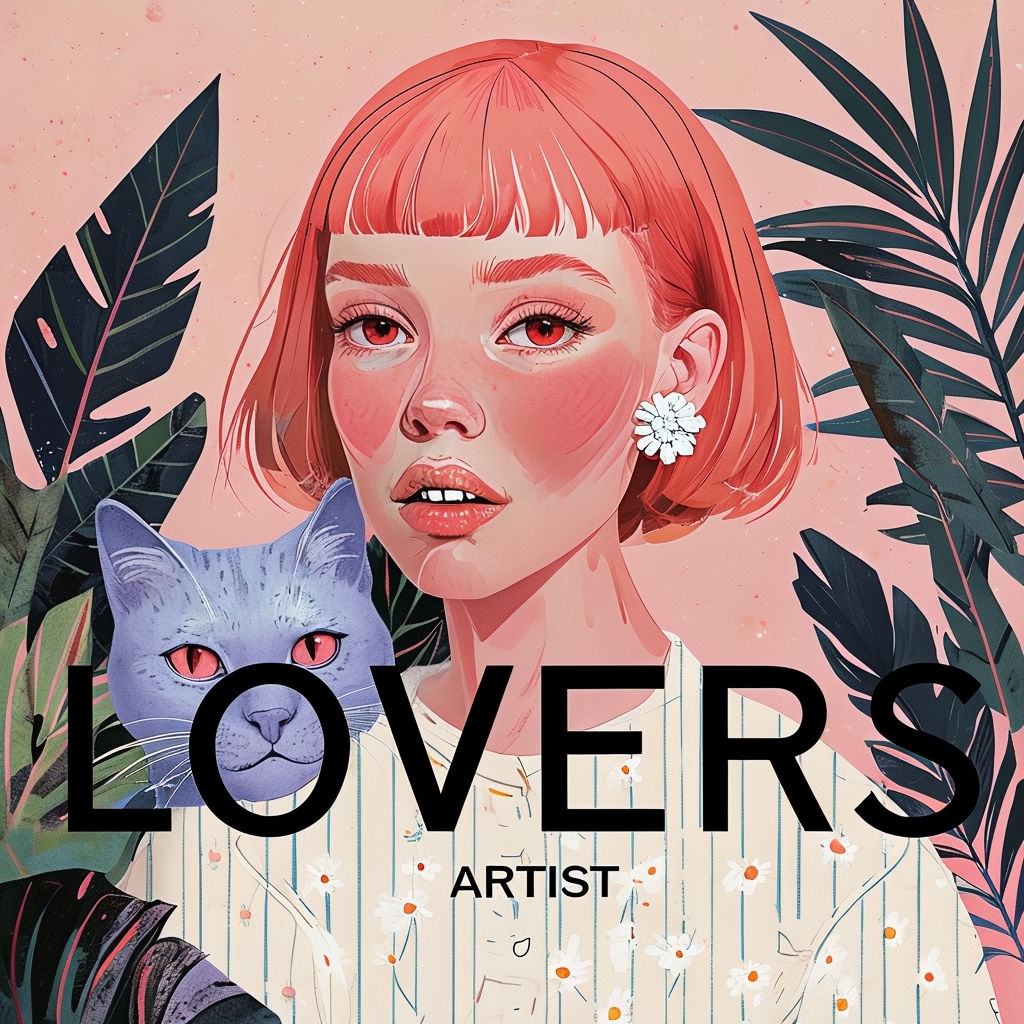 Whimsical Coral-Red Hair Portrait with Cat for Spotify Album Cover