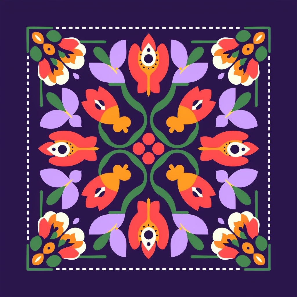Vibrant Symmetrical Floral Pattern on Dark Purple Background Seamless Pattern
